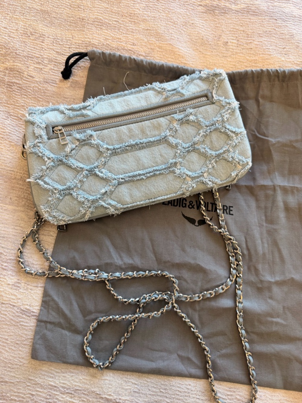 New Zadig & Voltaire Rock Fringed Denim Breeze Crossbody Clutch Light blue - Picture 5 of 9